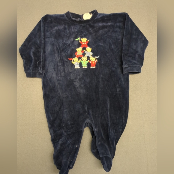 Vintage Jacadi Velvet Blue Bear Jumpsuit Pajamas 12MO - Picture 2 of 10